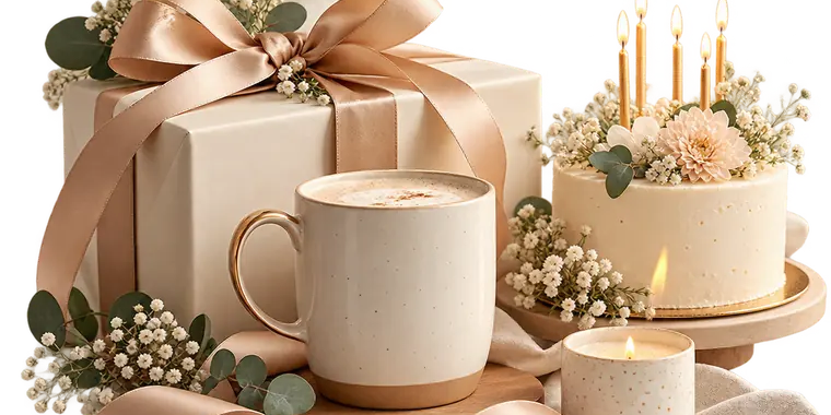 Verjaardagscadeaus met taart, bloemen en cadeauverpakking