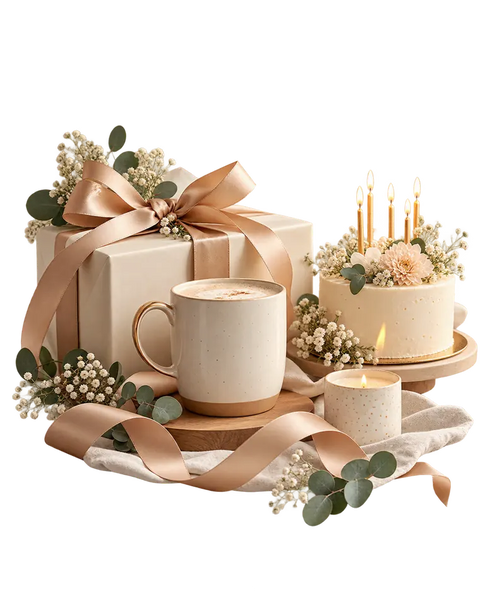Verjaardagscadeaus met taart, bloemen en cadeauverpakking