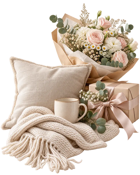 Cadeaus voor mama met bloemen, mok en zacht textiel