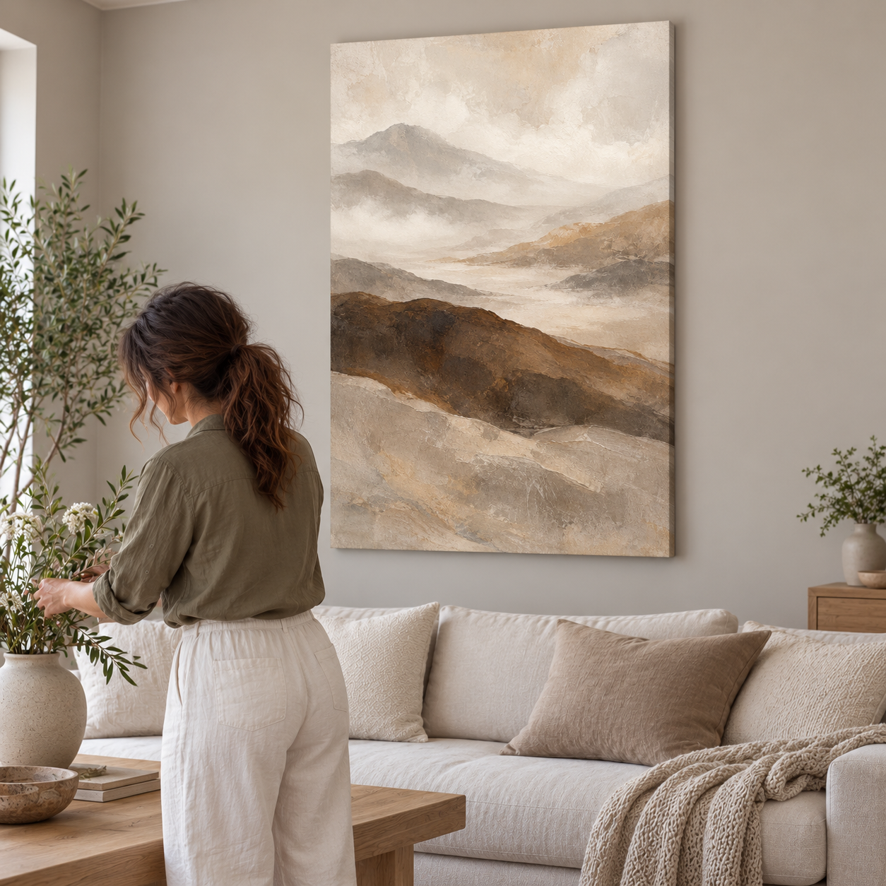 Stillness Beyond the Hills - frameless canvas in a Japandi living room