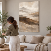 Stillness Beyond the Hills - frameless canvas in a Japandi living room