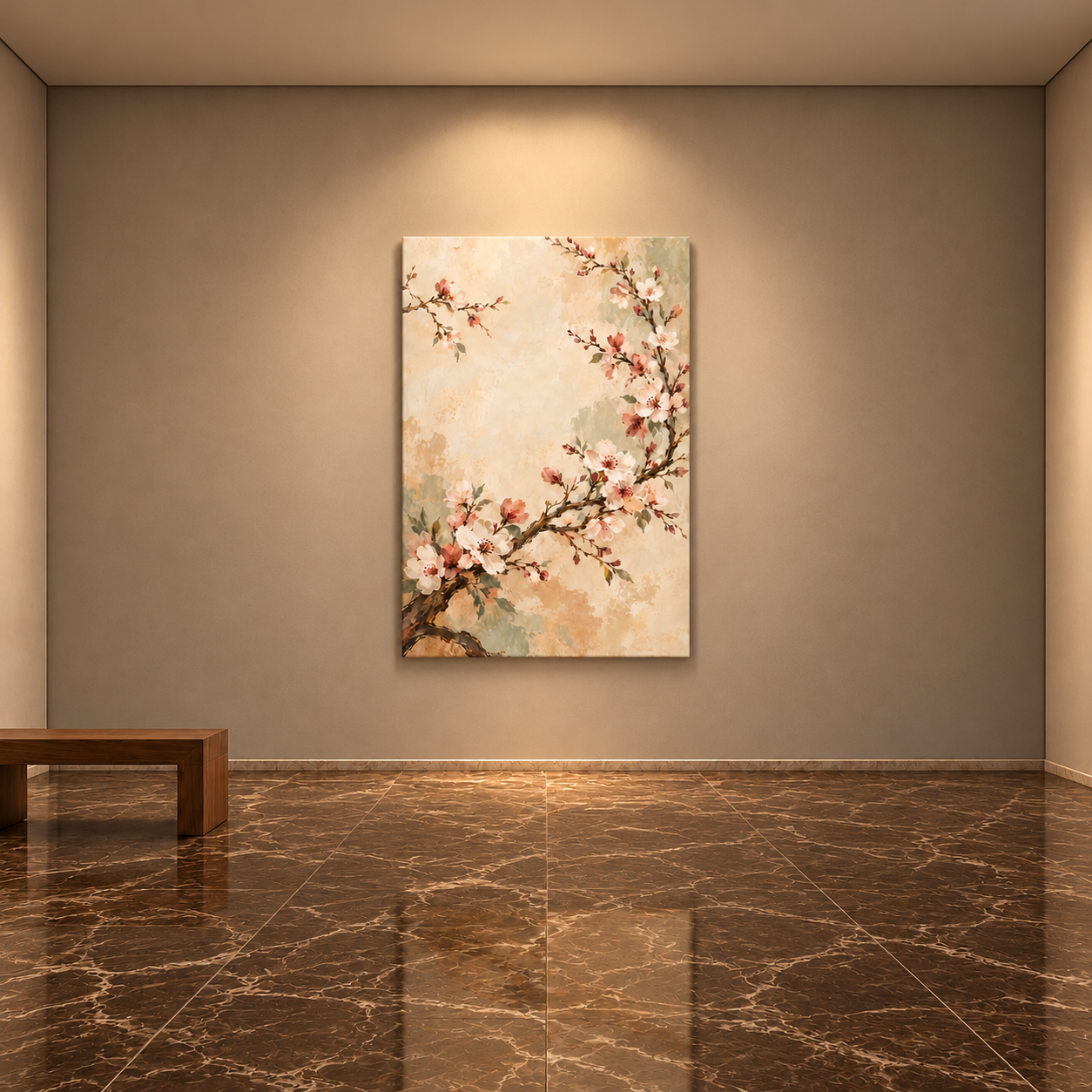 Blossom Reverie — 80 × 120 cm canvas in gallery evening lighting, interior mockup