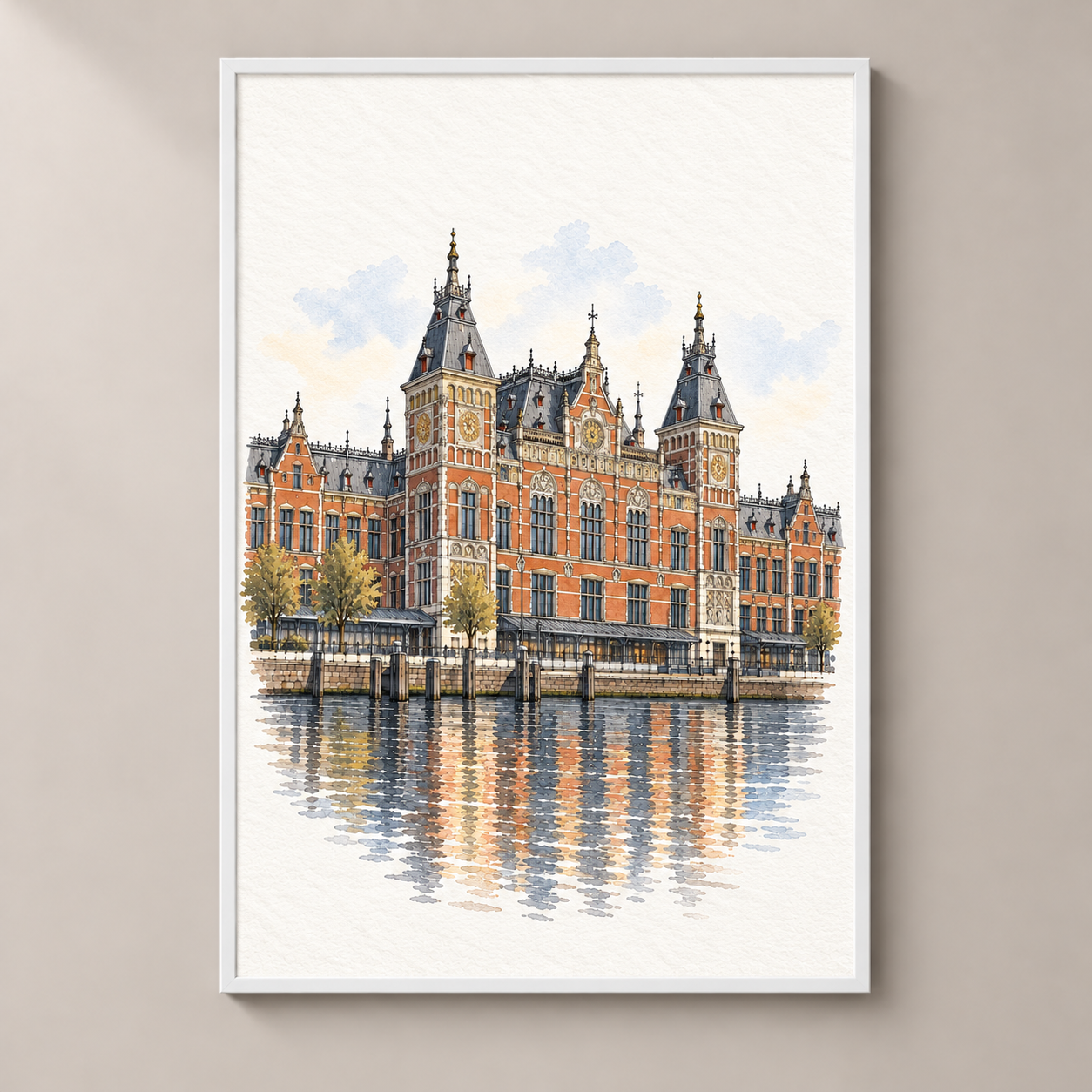 Amsterdam Centraal by the Water – poster standalone mockup on beige wall
