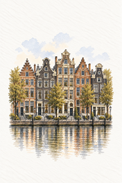 Amsterdam Canal Houses, Amsterdam vertical ink and watercolour artwork