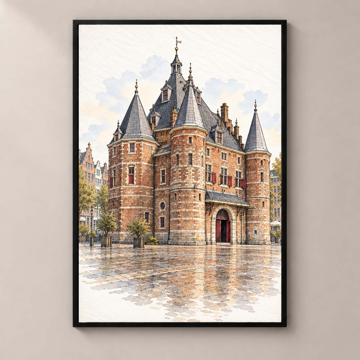 De Waag at Nieuwmarkt – poster standalone mockup on beige wall