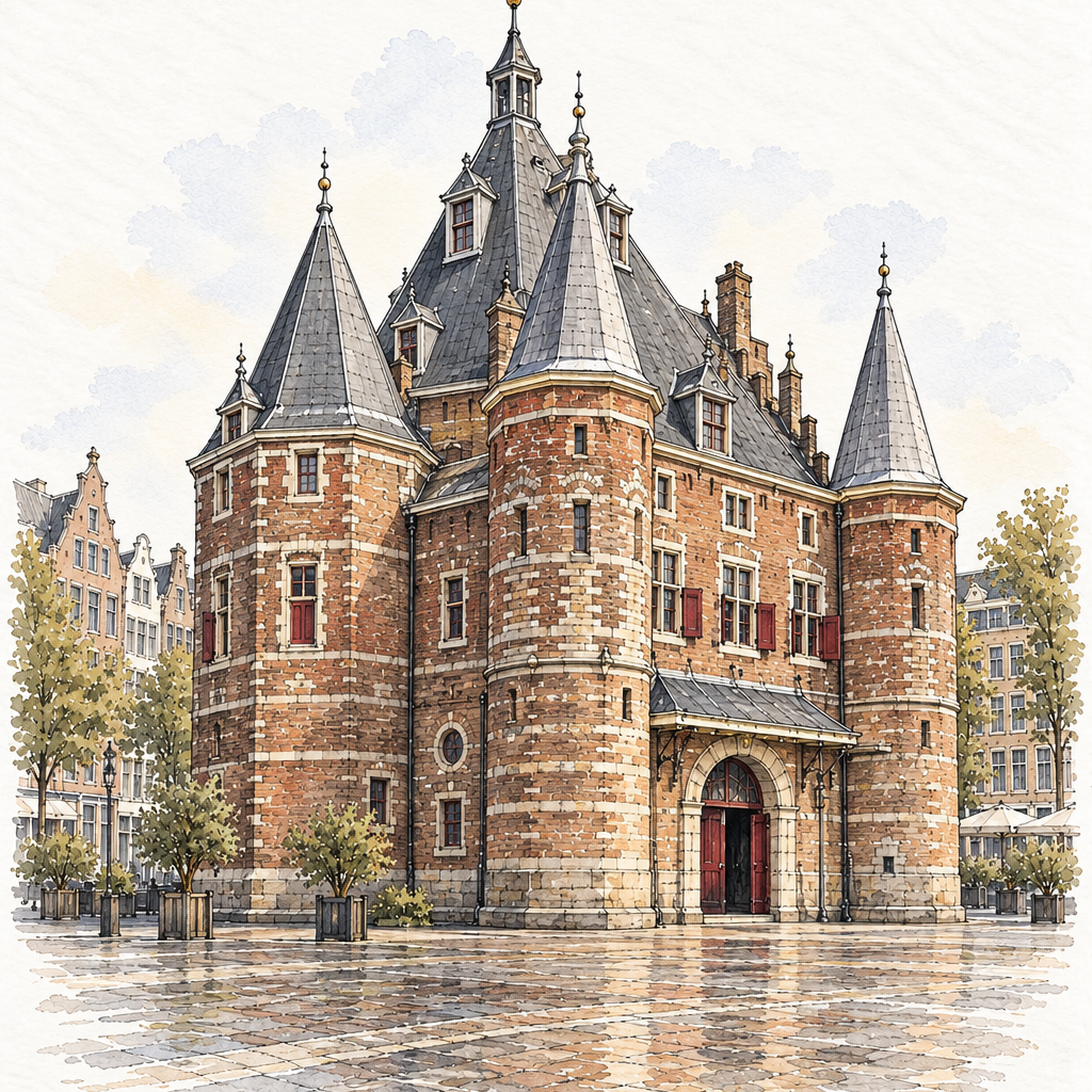 De Waag at Nieuwmarkt, Amsterdam vertical ink and watercolour artwork