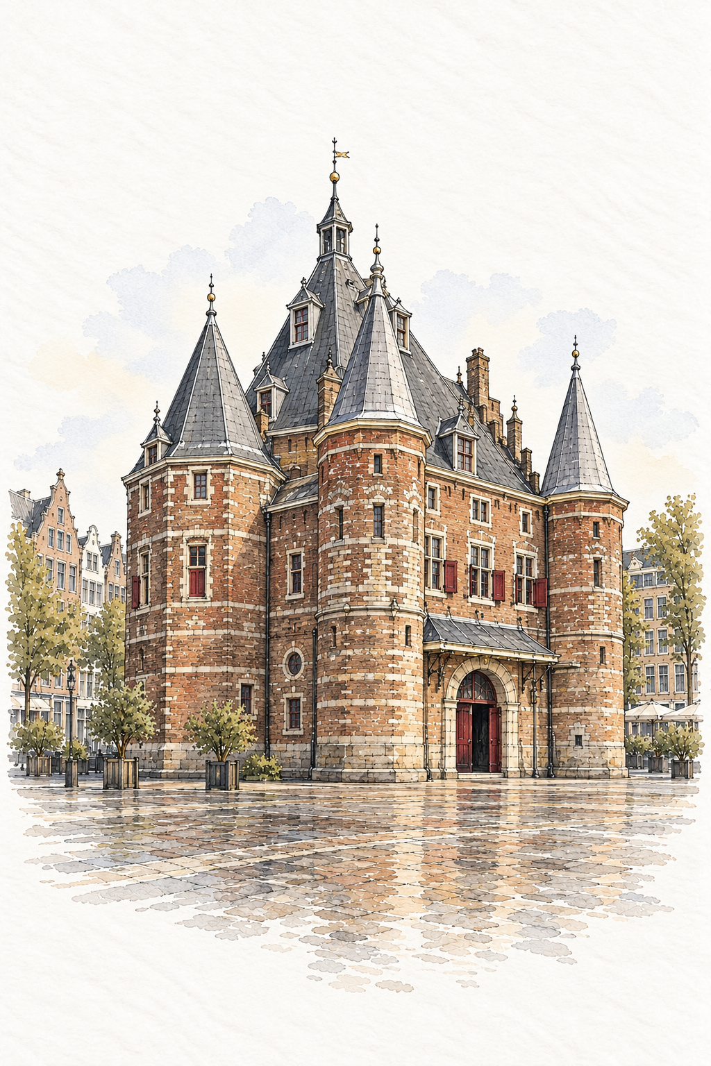 De Waag at Nieuwmarkt, Amsterdam vertical ink and watercolour artwork