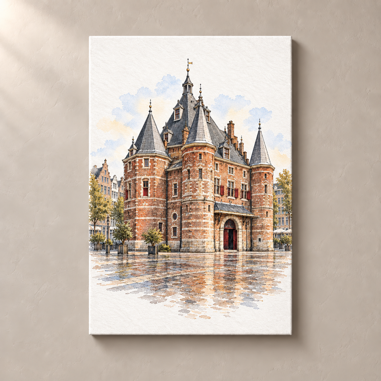 De Waag in Quiet Watercolour – canvas standalone mockup on beige wall