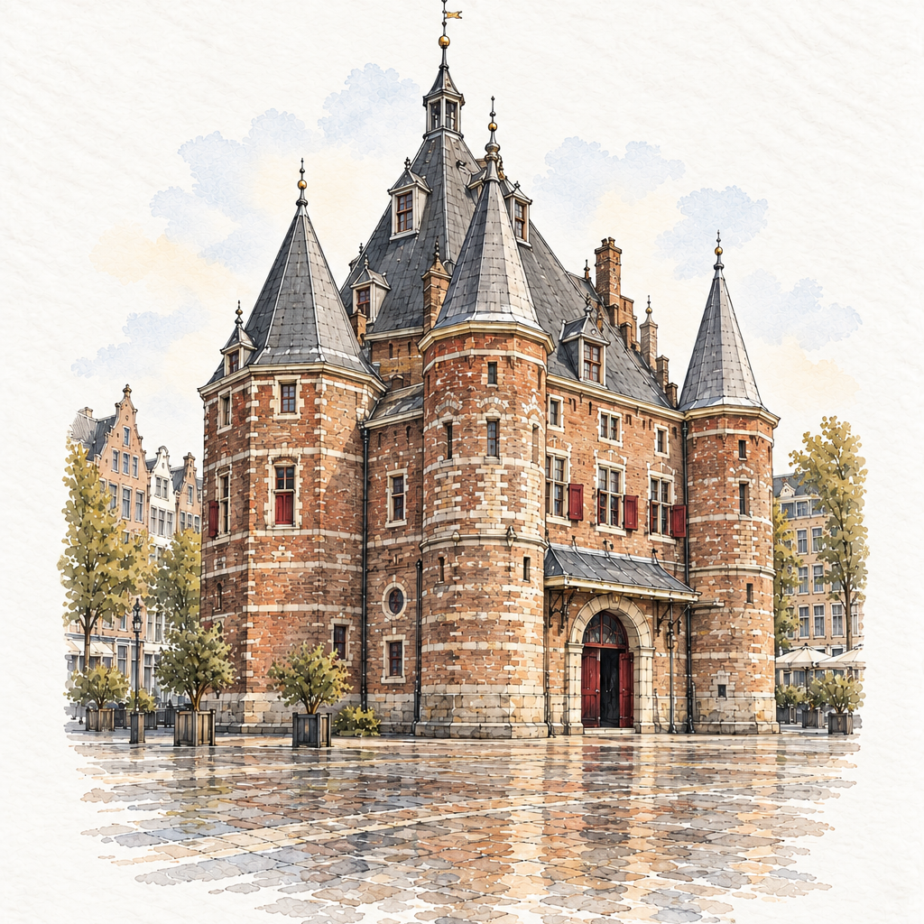 De Waag in Quiet Watercolour, Amsterdam vertical ink and watercolour artwork