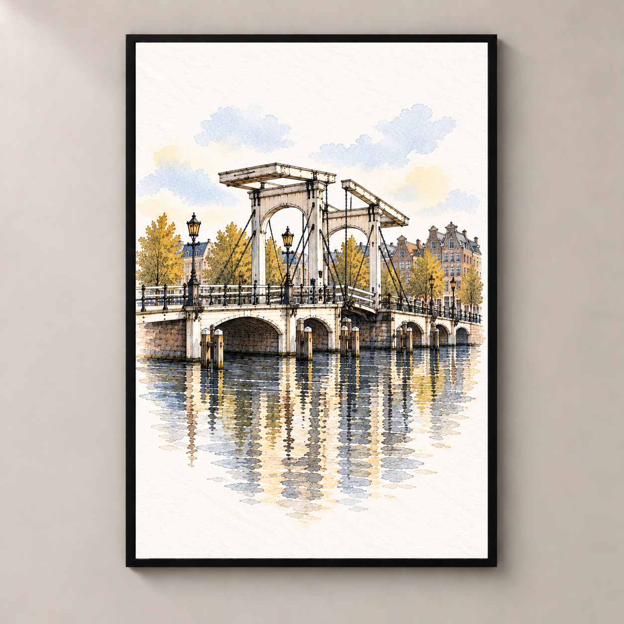 Magere Brug over the Amstel – poster standalone mockup on beige wall
