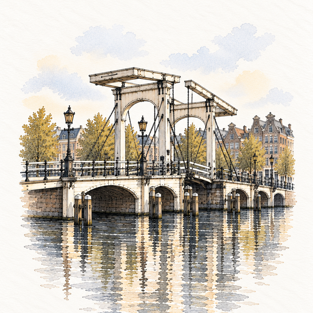 Magere Brug over the Amstel, Amsterdam vertical ink and watercolour artwork