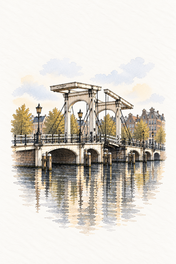 Magere Brug over the Amstel, Amsterdam vertical ink and watercolour artwork