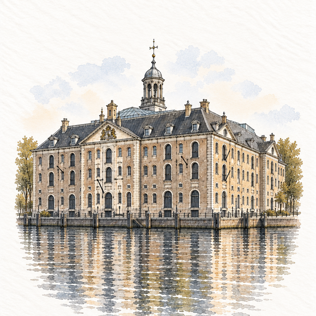 National Maritime Museum Amsterdam, Amsterdam vertical ink and watercolour artwork