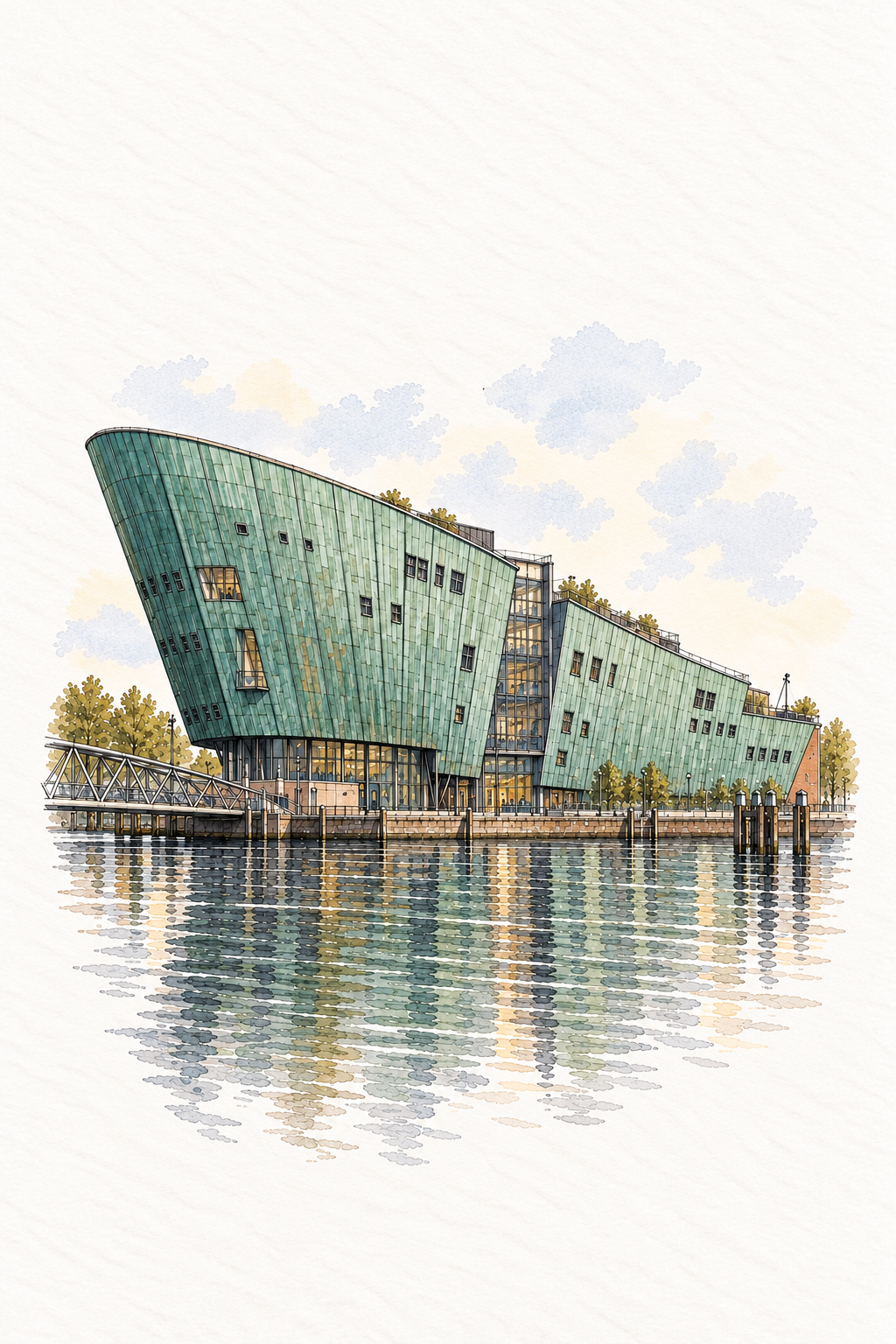 NEMO Science Museum, Amsterdam vertical ink and watercolour artwork