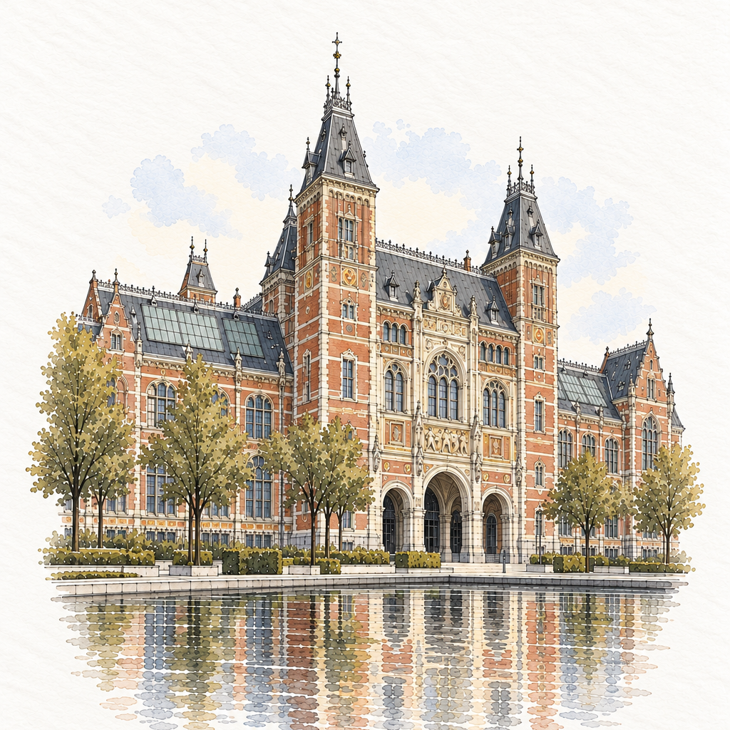 Rijksmuseum in Watercolour, Amsterdam vertical ink and watercolour artwork