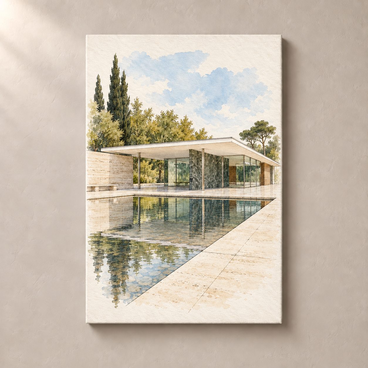 Barcelona Pavilion in Soft Watercolour – canvas standalone mockup on beige wall