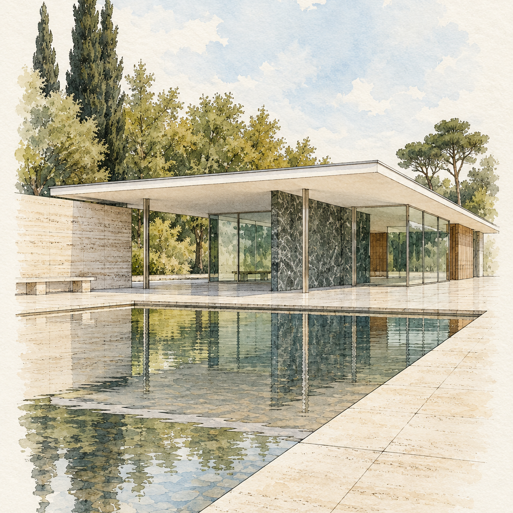 Barcelona Pavilion in Soft Watercolour, Barcelona vertical ink and watercolour artwork