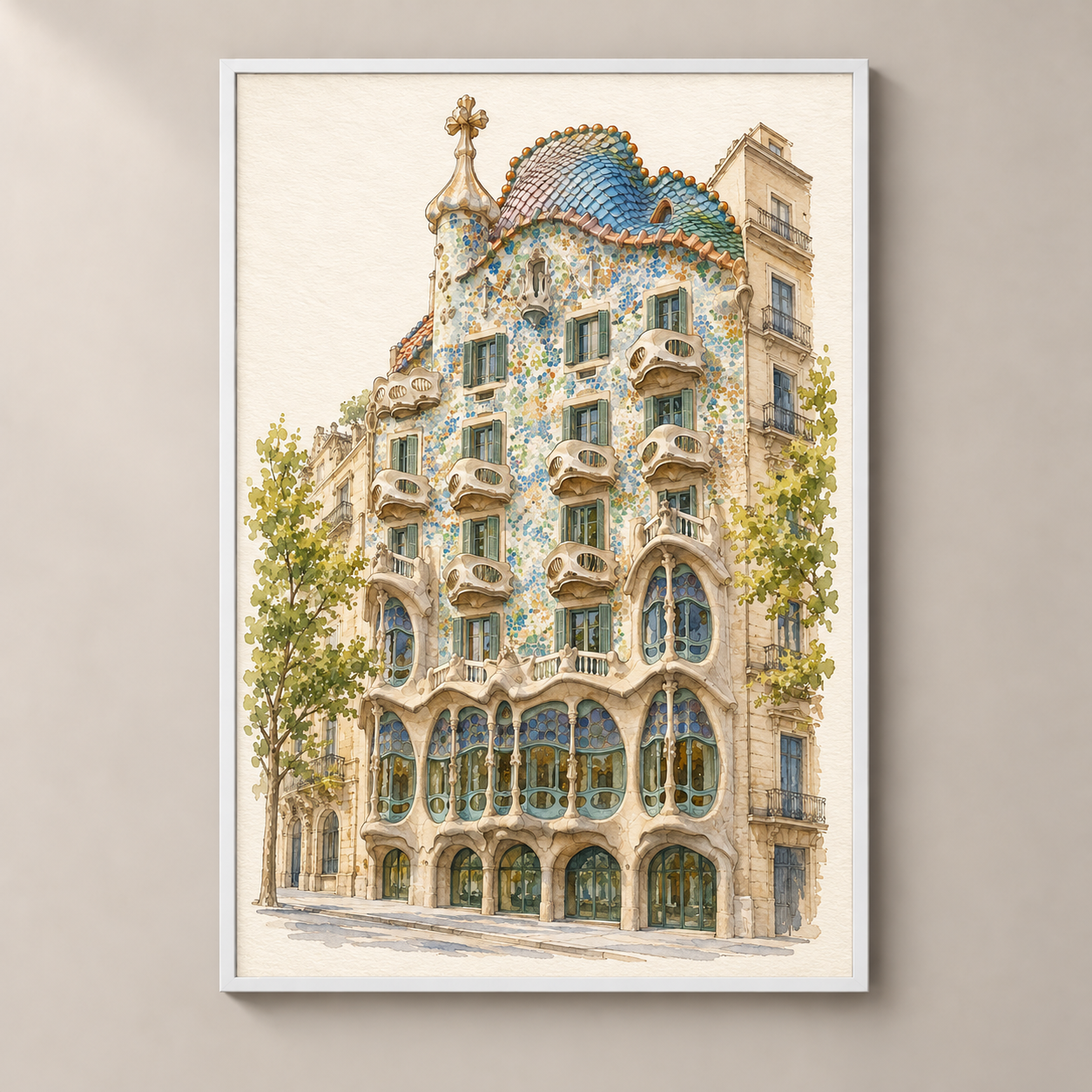 Casa Batllo in Watercolour – poster standalone mockup on beige wall
