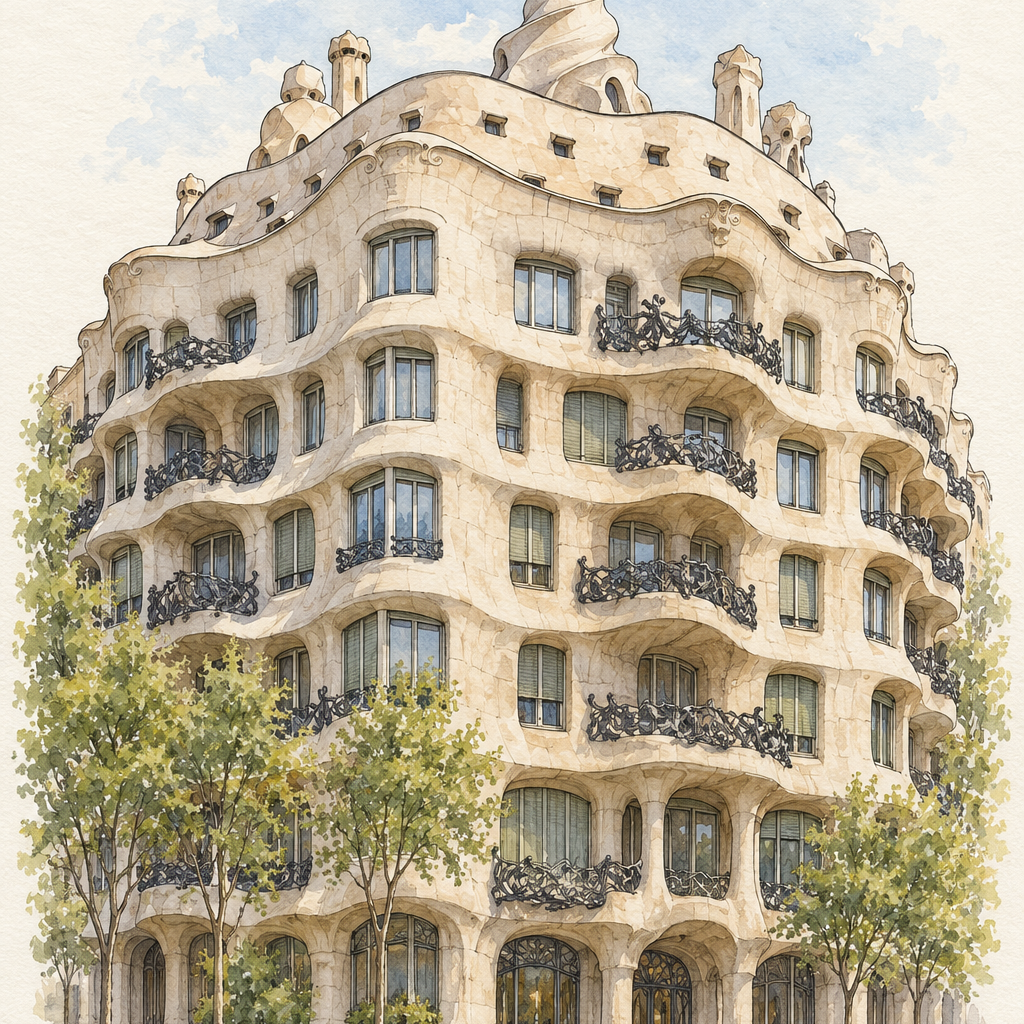 Casa Mila in Soft Watercolour, Barcelona vertical ink and watercolour artwork