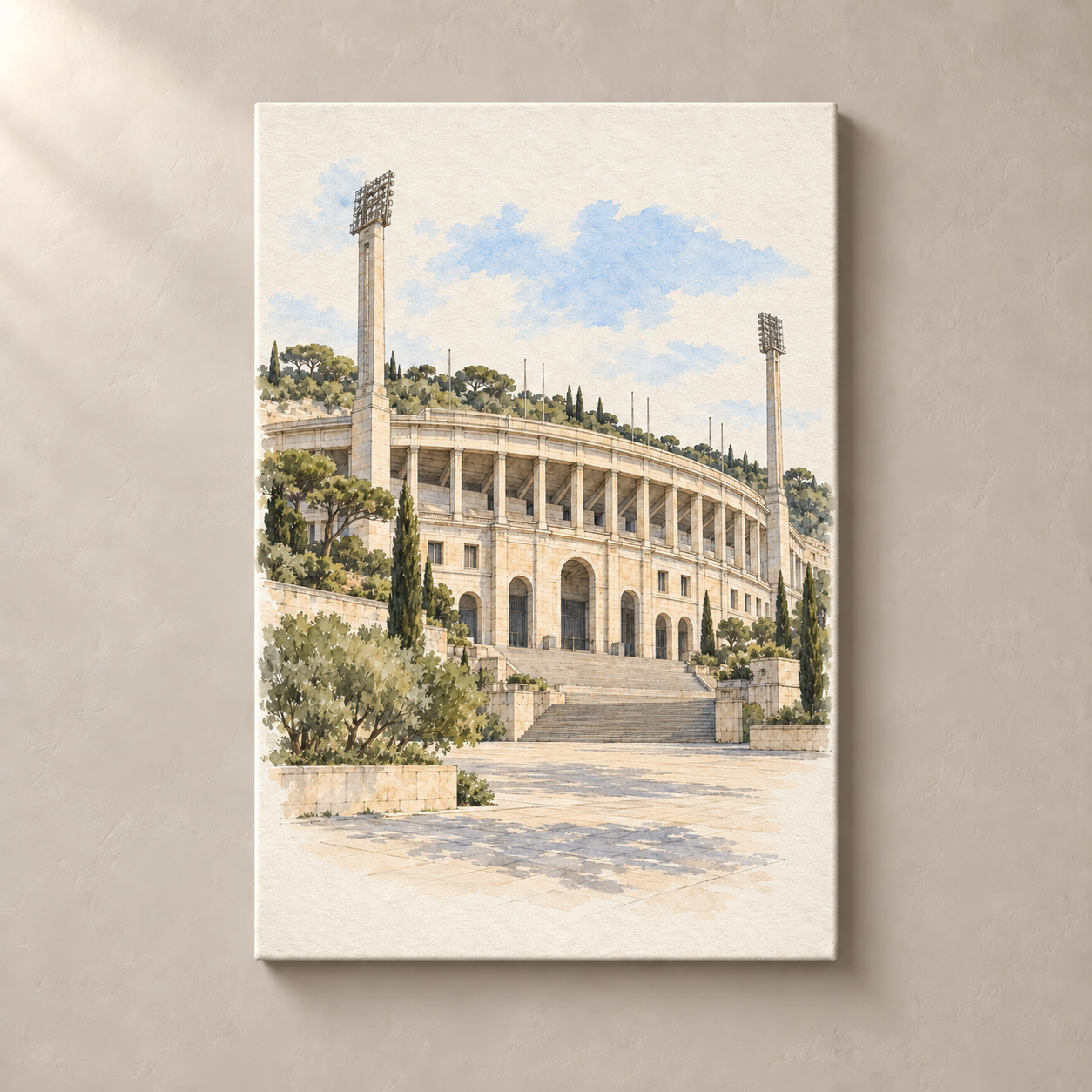 Montjuic Olympic Stadium – canvas standalone mockup on beige wall