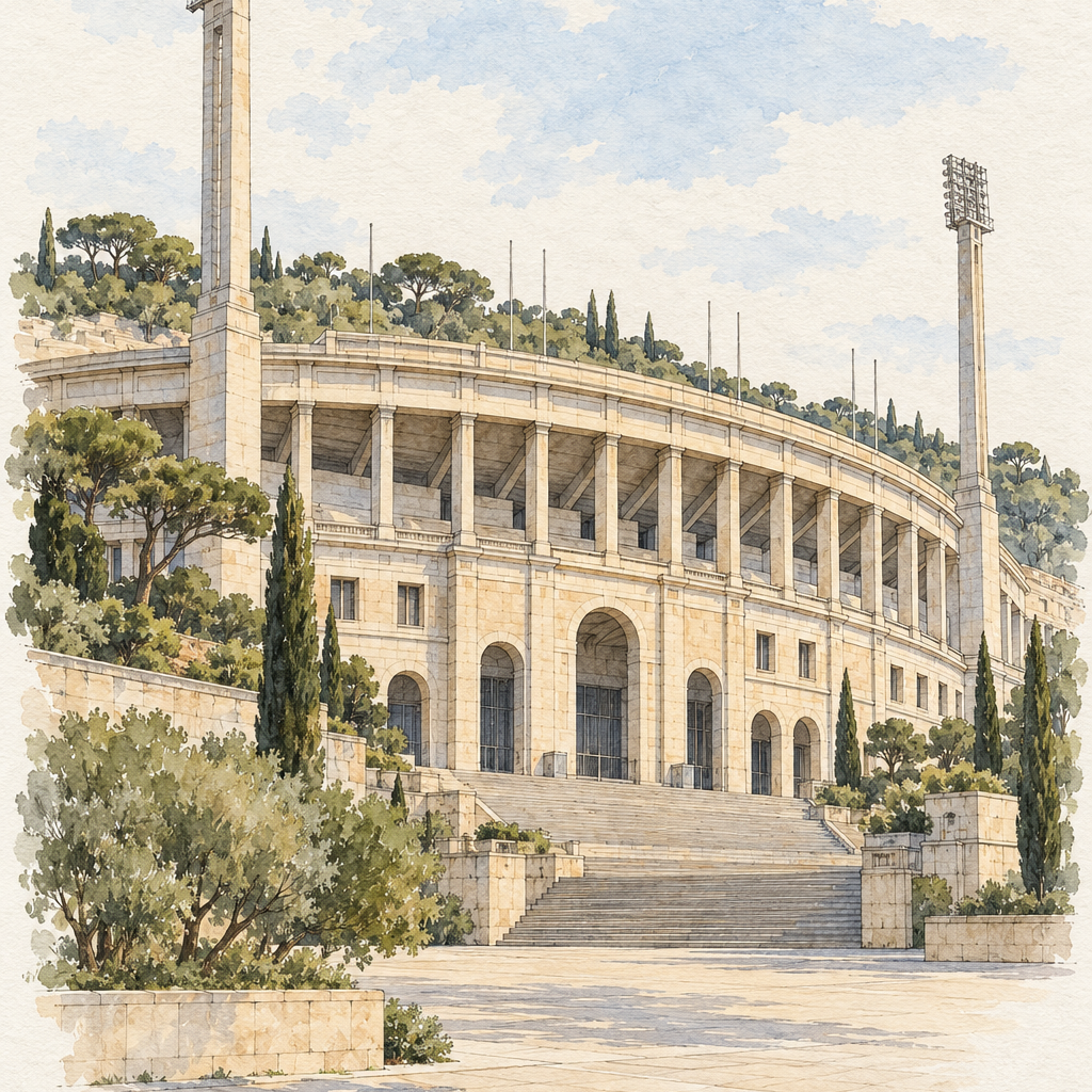 Montjuic Olympic Stadium, Barcelona vertical ink and watercolour artwork