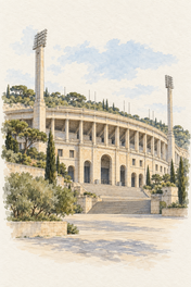 Montjuic Olympic Stadium, Barcelona vertical ink and watercolour artwork