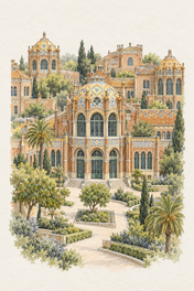 Sant Pau in Watercolour, Barcelona vertical ink and watercolour artwork