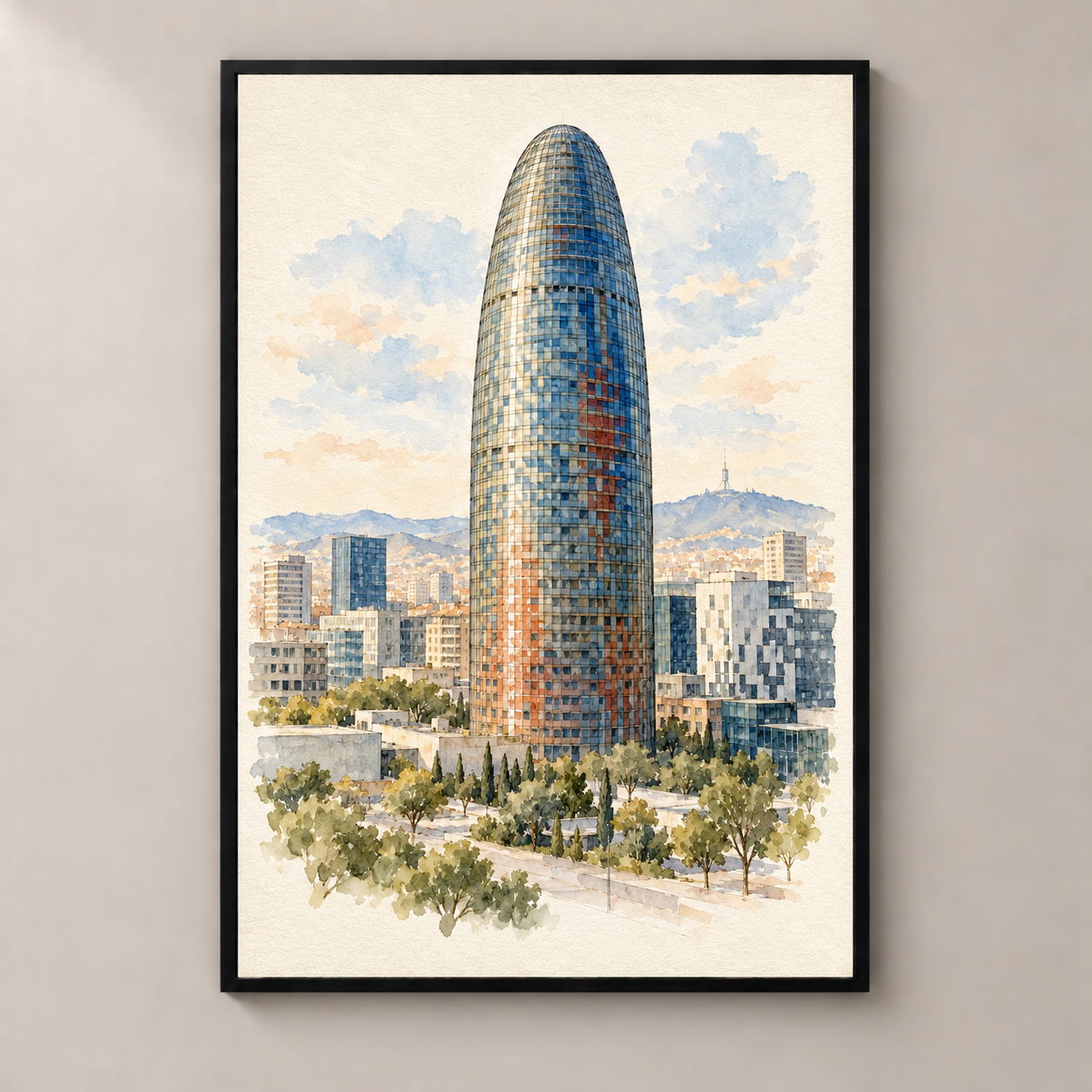 Torre Glories in Soft Watercolour – poster standalone mockup on beige wall