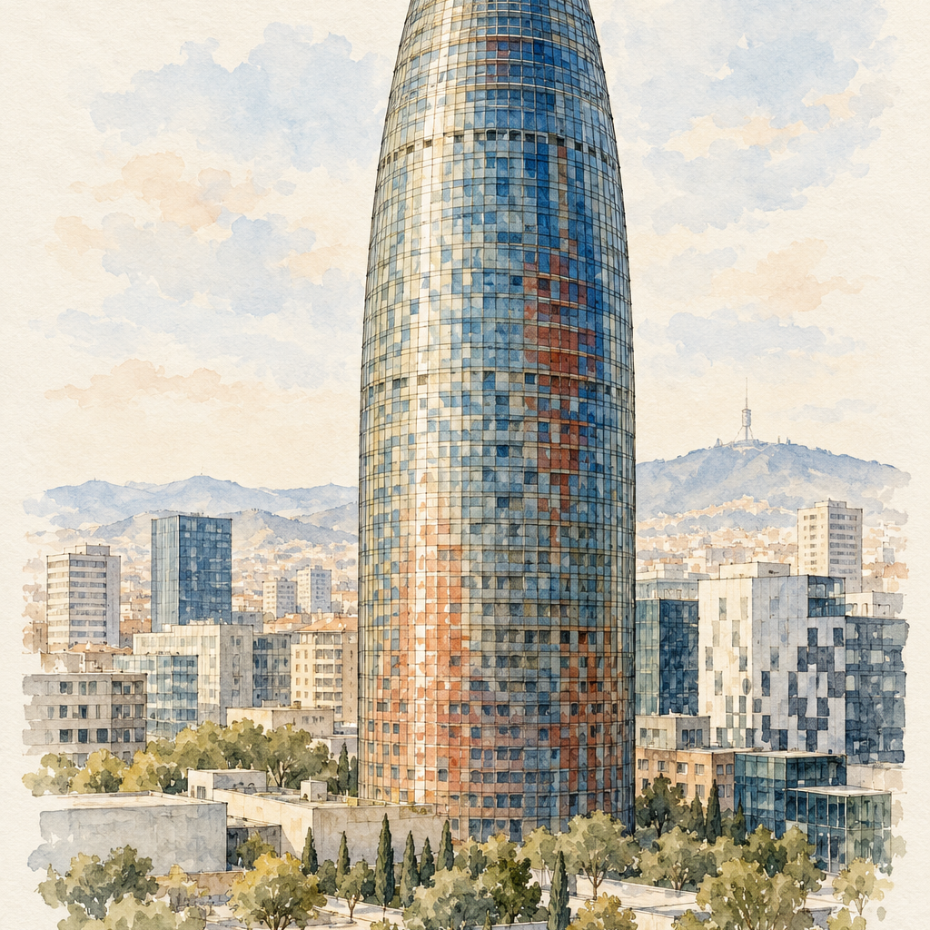 Torre Glories in Soft Watercolour, Barcelona vertical ink and watercolour artwork