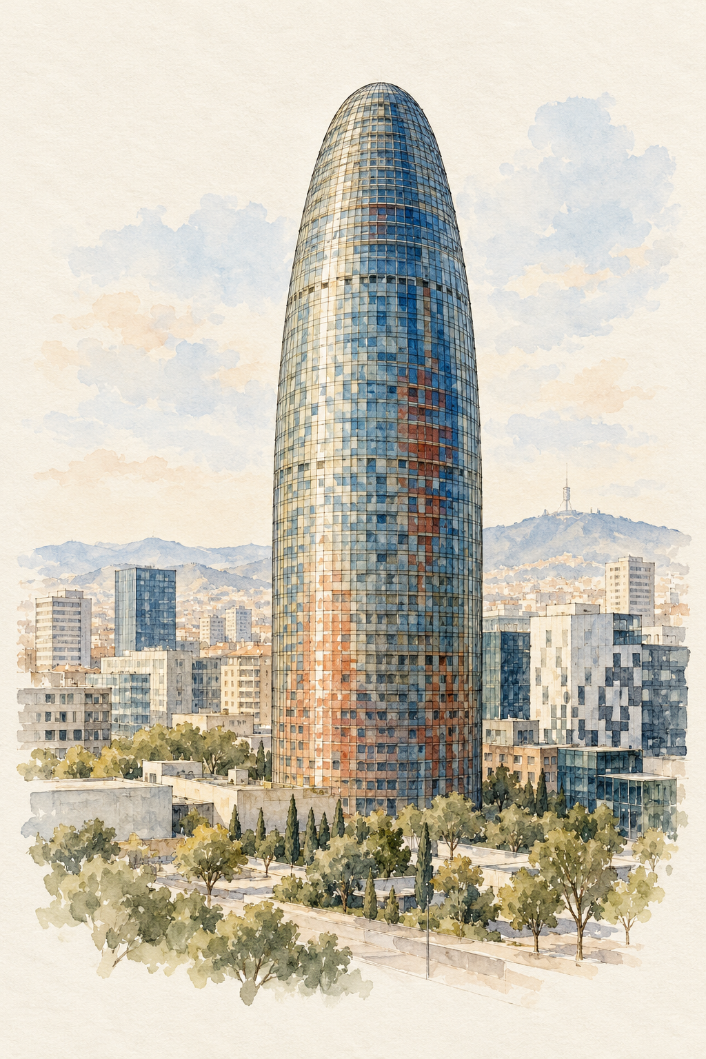 Torre Glories in Soft Watercolour, Barcelona vertical ink and watercolour artwork