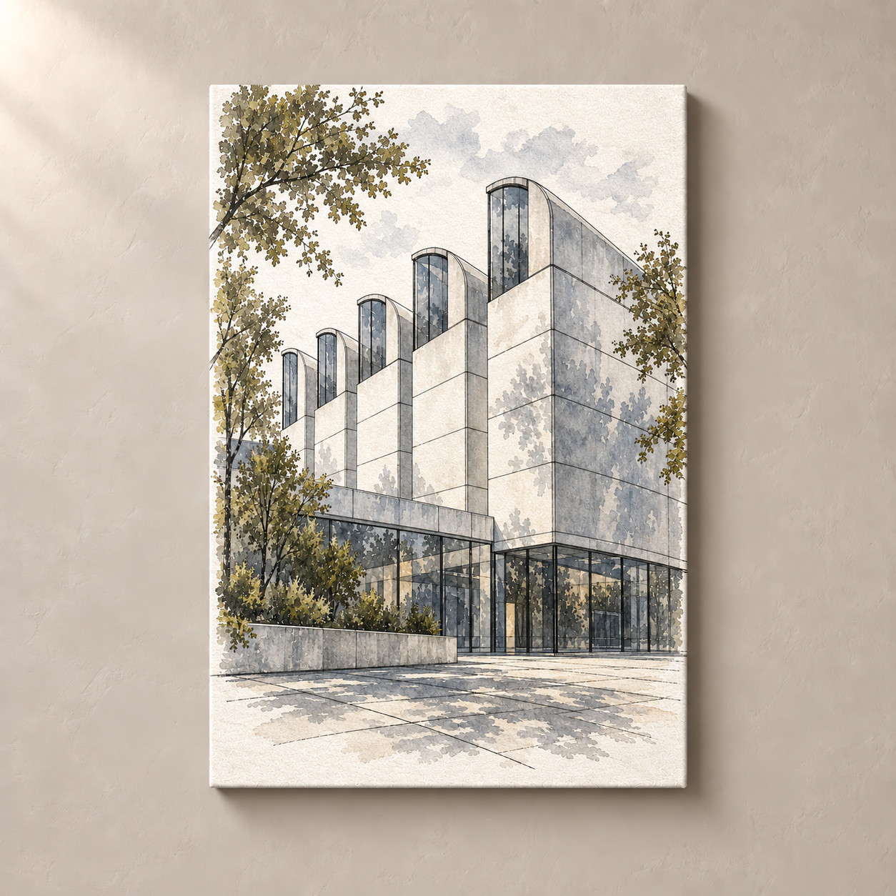 Bauhaus Archive in Quiet Ink Lines – canvas standalone mockup on beige wall