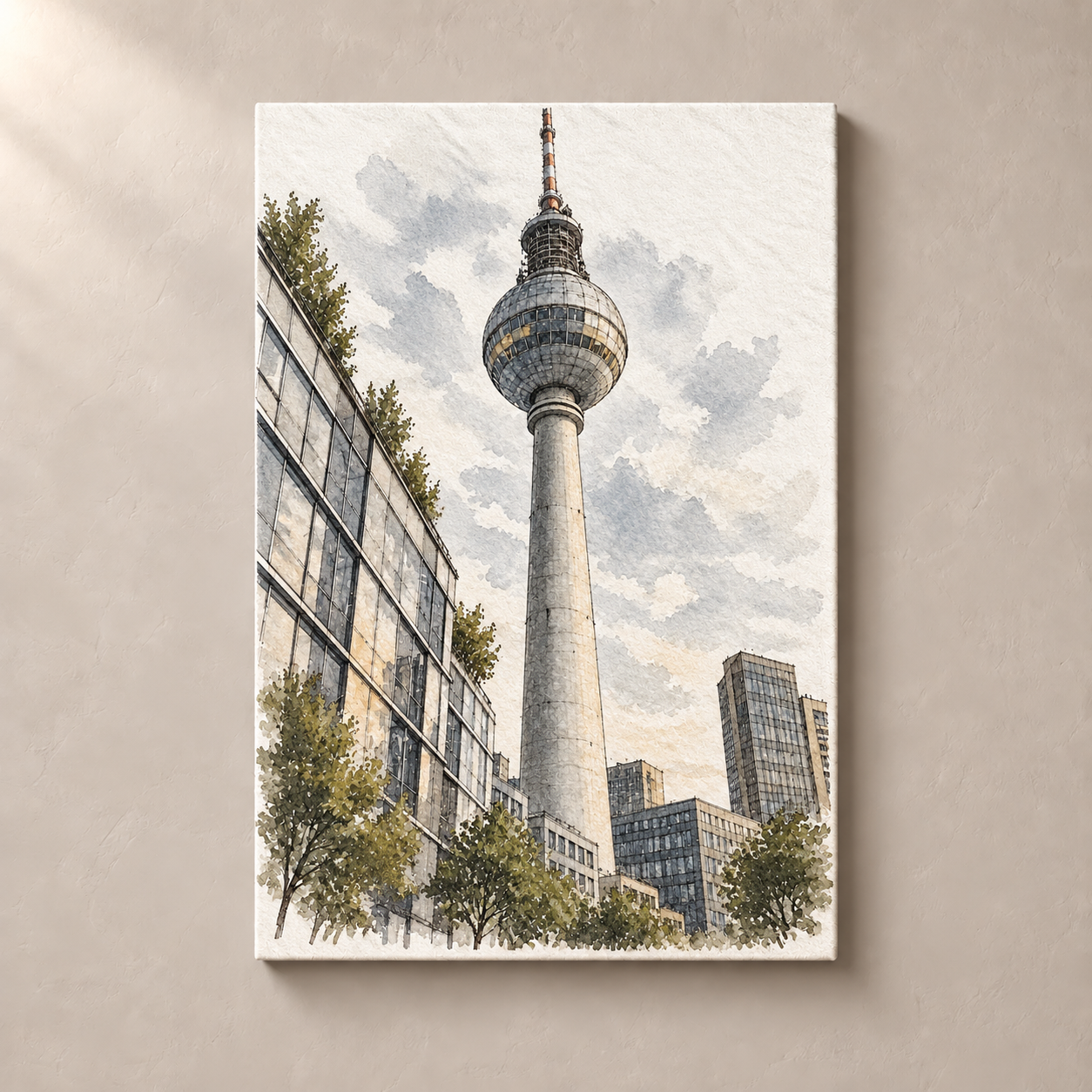 Fernsehturm above the Berlin Skyline – canvas standalone mockup on beige wall