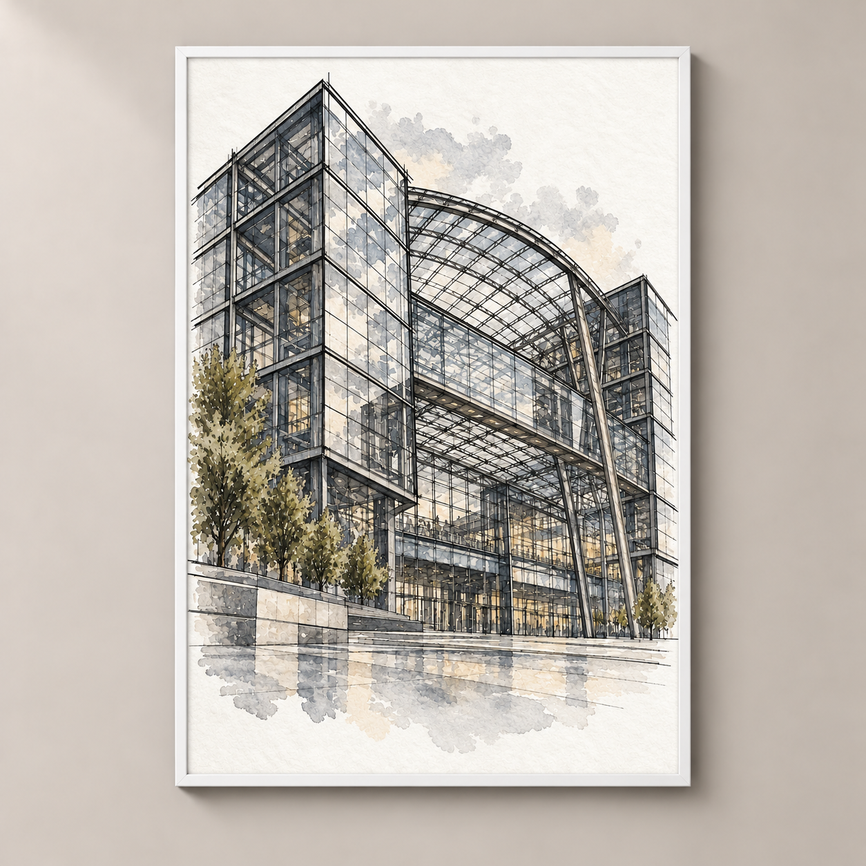 Berlin Hauptbahnhof in Ink and Watercolour – poster standalone mockup on beige wall