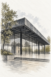 Glass Pavilion of the Neue Nationalgalerie, Berlin vertical ink and watercolour artwork