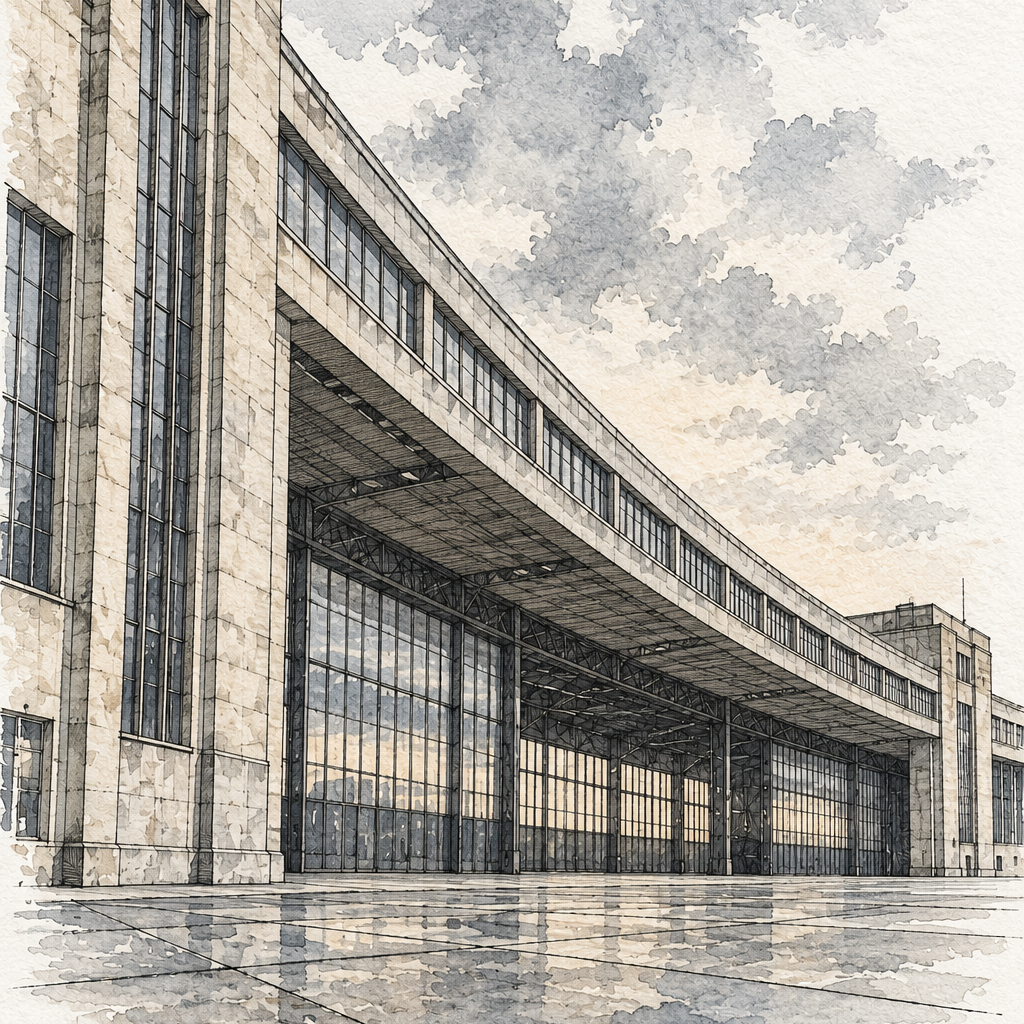 Tempelhof in Quiet Architectural Lines, Berlin vertical ink and watercolour artwork