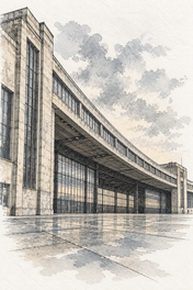 Tempelhof in Quiet Architectural Lines, Berlin vertical ink and watercolour artwork