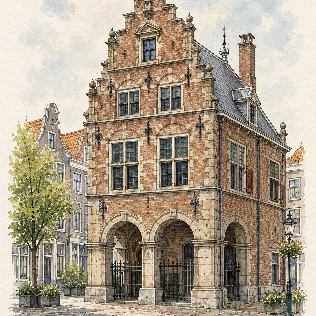 De Waag in Delft, Delft vertical ink and watercolour artwork