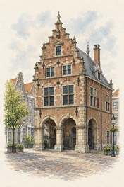 De Waag in Delft, Delft vertical ink and watercolour artwork