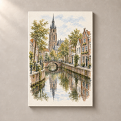 Historic Delft Canal in Watercolour – canvas standalone mockup on beige wall