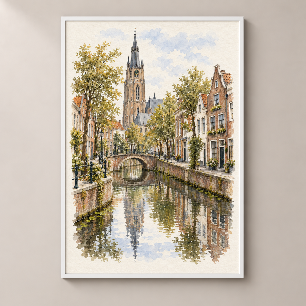 Historic Delft Canal in Watercolour – poster standalone mockup on beige wall