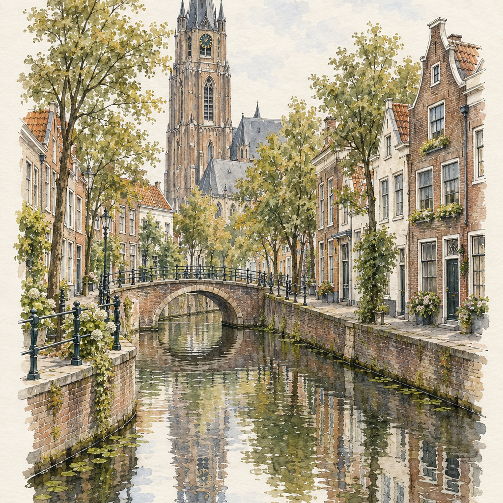 Historic Delft Canal in Watercolour, Delft vertical ink and watercolour artwork