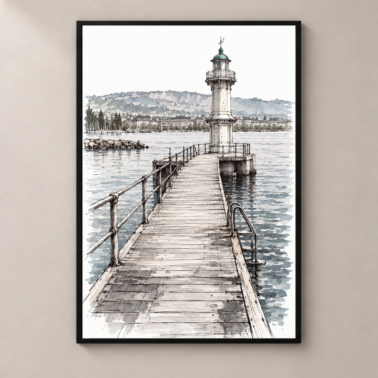 Geneva bains-des-paquis poster standalone mockup on beige wall
