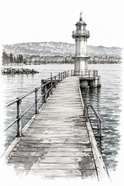 Bains des Pâquis with Lighthouse, Geneva vertical ink artwork