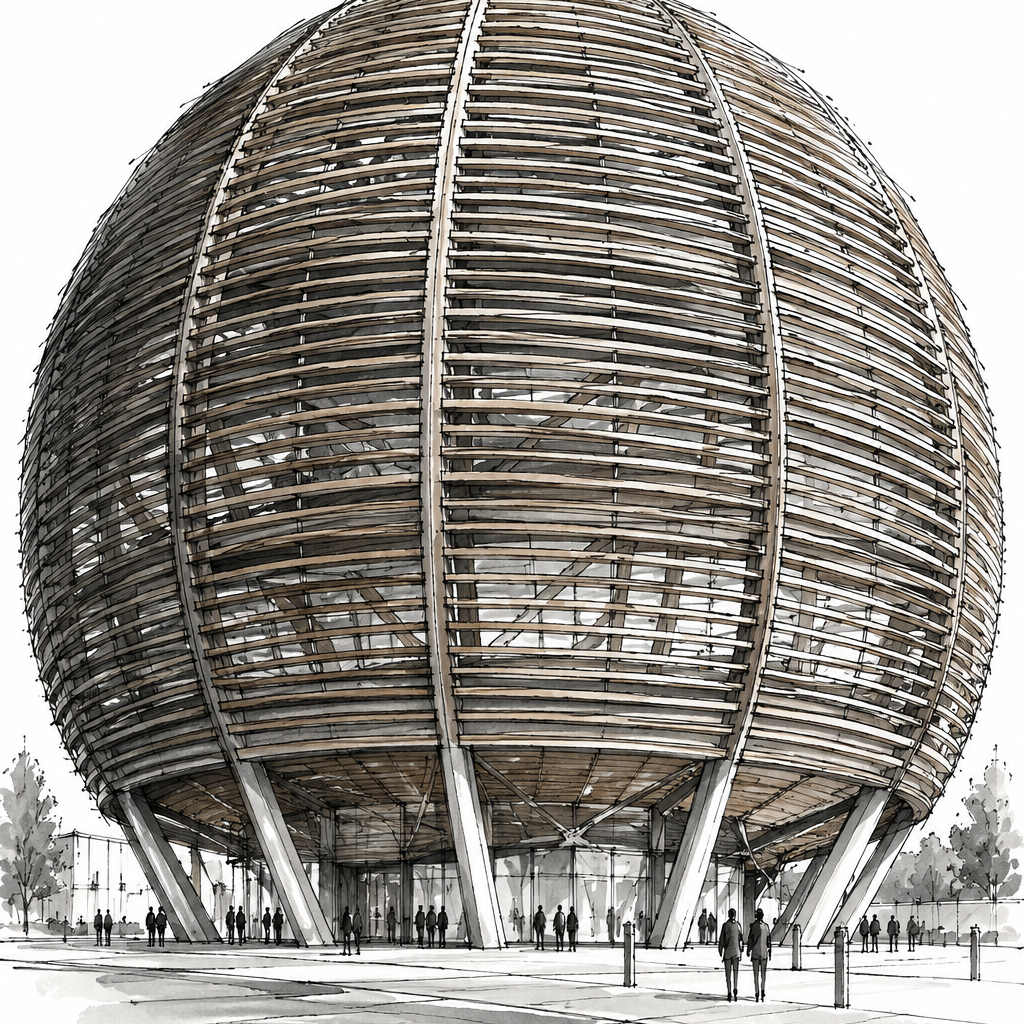 CERN Globe in Loose Ink Lines, Geneva vertical ink artwork
