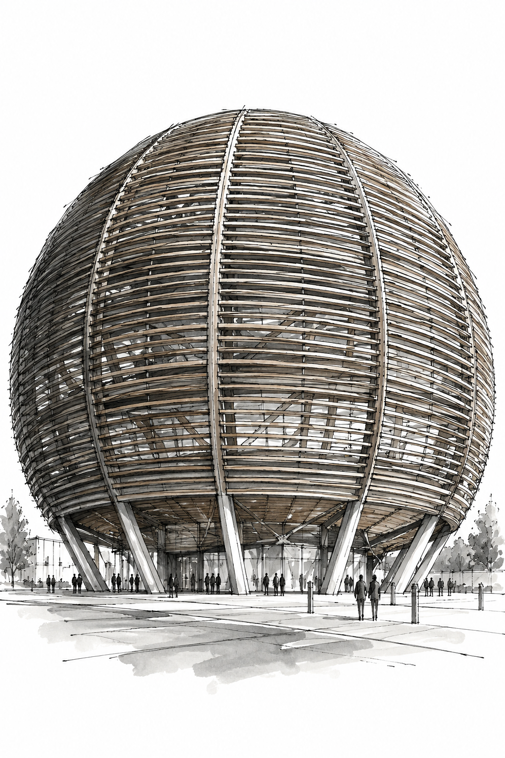CERN Globe in Loose Ink Lines, Geneva vertical ink artwork
