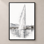 Jet d’Eau above Lake Geneva – poster in black frame on beige wall