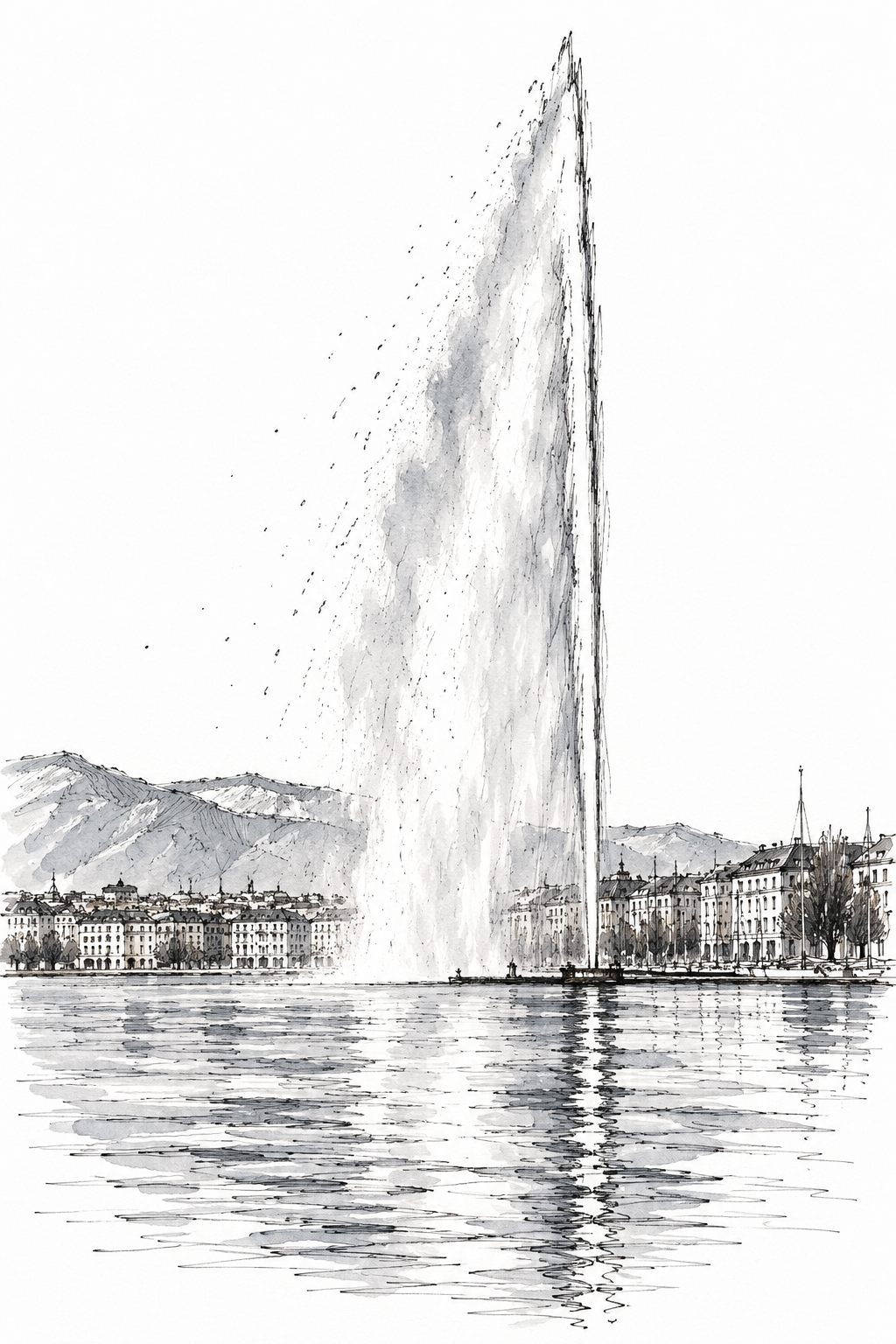 Jet d'Eau above Lake Geneva, Geneva vertical ink artwork