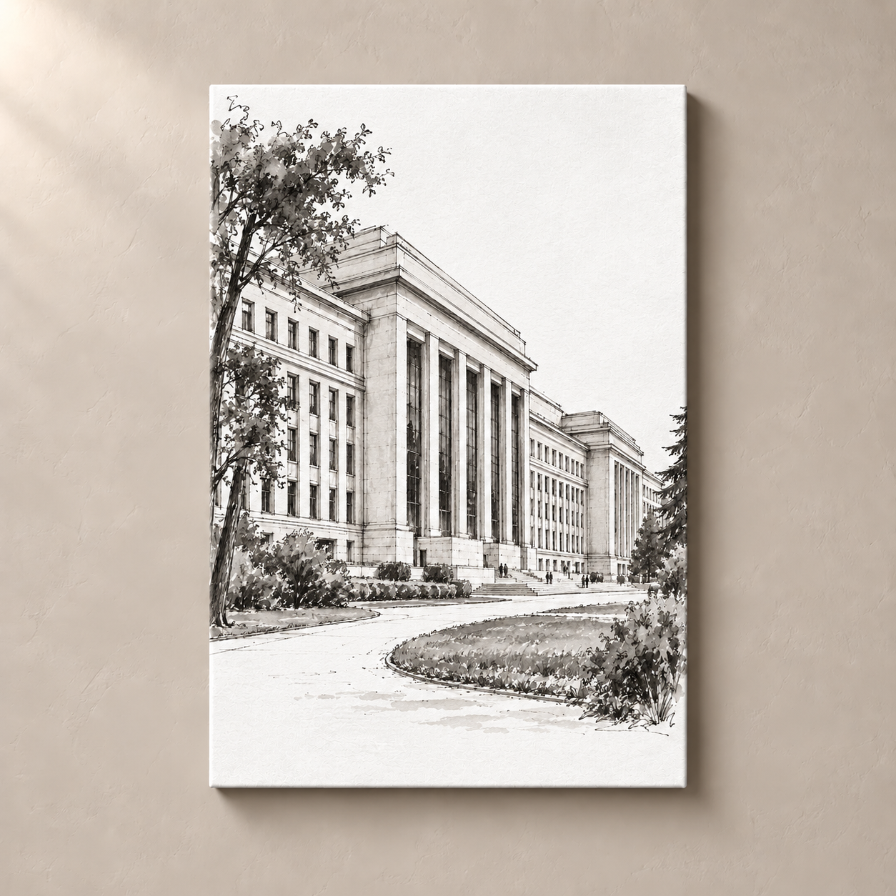 Geneva palais-des-nations canvas standalone mockup on beige wall