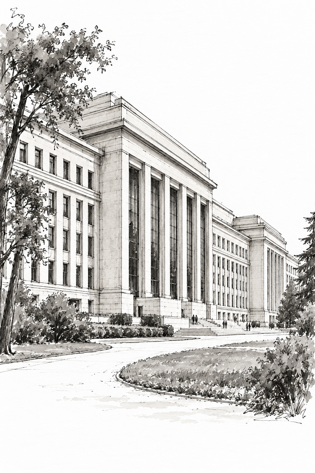 Palais des Nations from the Garden, Geneva vertical ink artwork