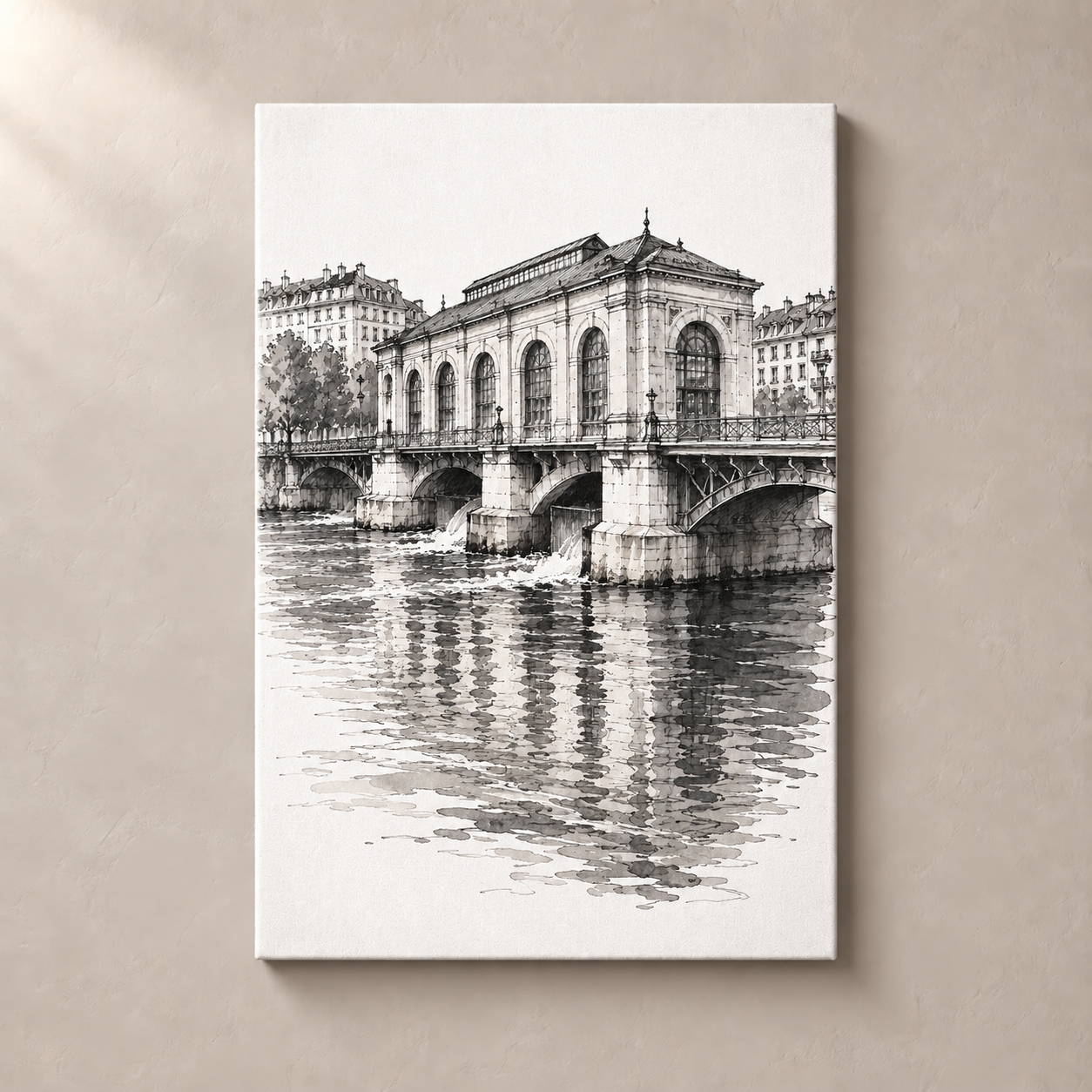 Geneva pont-de-la-machine canvas standalone mockup on beige wall